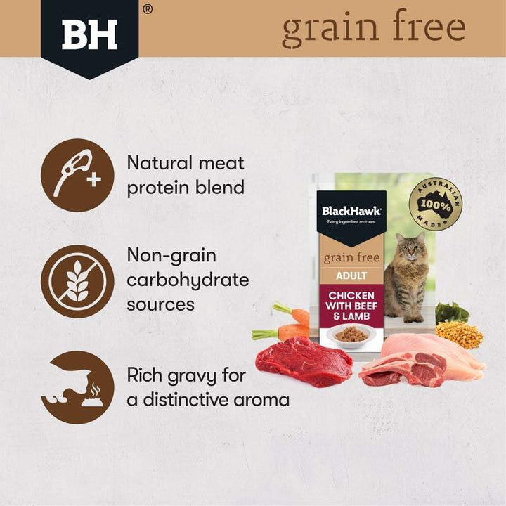 Black Hawk Grain Free Adult Chicken With Beef Lamb And Gravy Wet Cat Food Pouches 85G - Just For Pets Australia