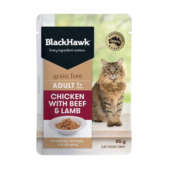 Black Hawk Grain Free Adult Chicken With Beef Lamb And Gravy Wet Cat Food Pouches 85G - Just For Pets Australia