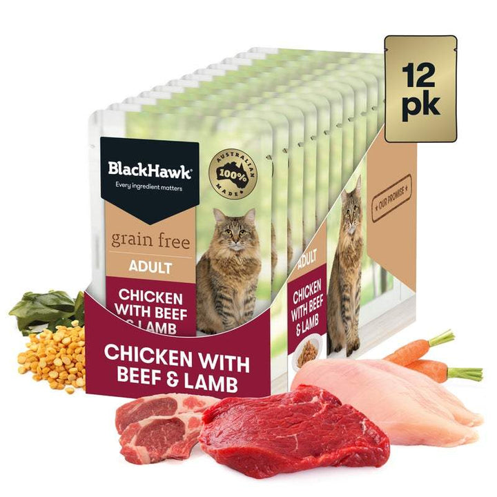 Black Hawk Grain Free Adult Chicken With Beef Lamb And Gravy Wet Cat Food Pouches 85G - Just For Pets Australia