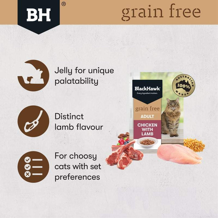 Black Hawk Grain Free Adult Chicken With Lamb In Jelly Wet Cat Food Pouches 85G - Just For Pets Australia