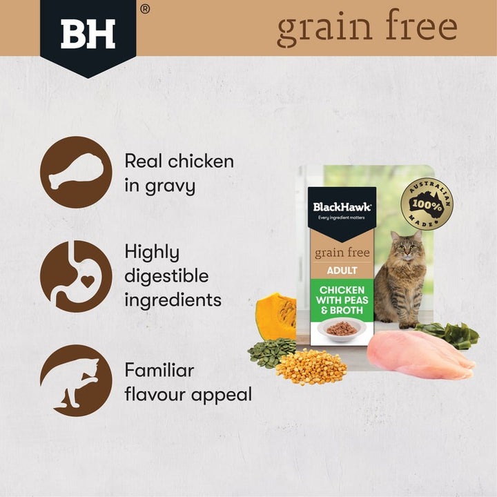 Black Hawk Grain Free Adult Chicken With Peas Broth And Gravy Wet Cat Food Pouches 85G - Just For Pets Australia