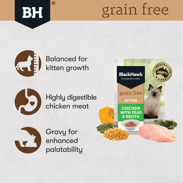 Black Hawk Grain Free Kitten Chicken With Peas Broth And Gravy Wet Cat Food Pouches 85G - Just For Pets Australia
