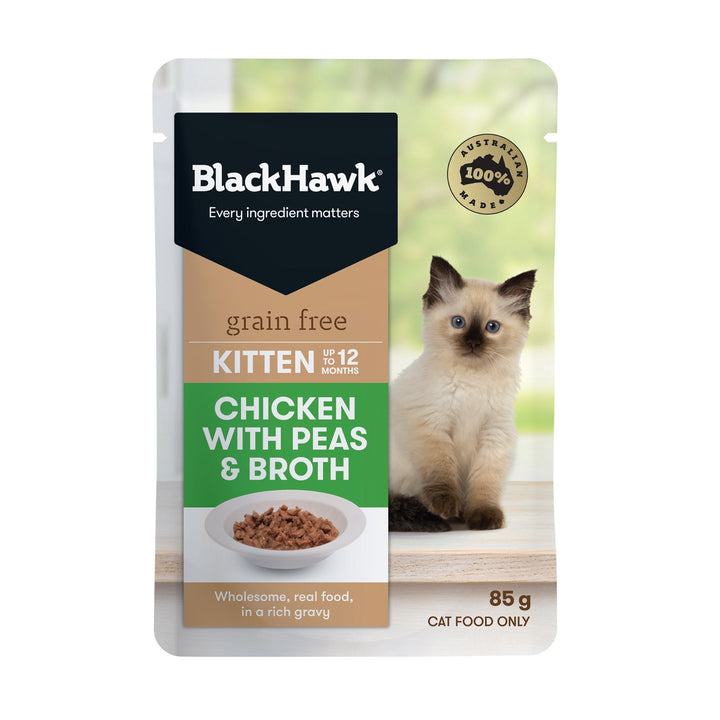 Black Hawk Grain Free Kitten Chicken With Peas Broth And Gravy Wet Cat Food Pouches 85G - Just For Pets Australia