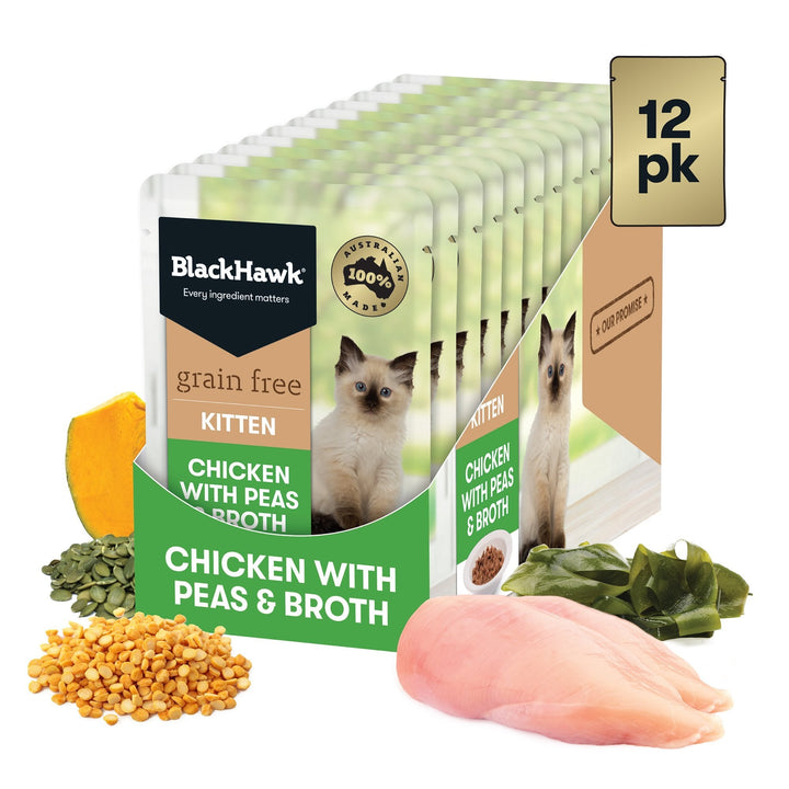 Black Hawk Grain Free Kitten Chicken With Peas Broth And Gravy Wet Cat Food Pouches 85G - Just For Pets Australia
