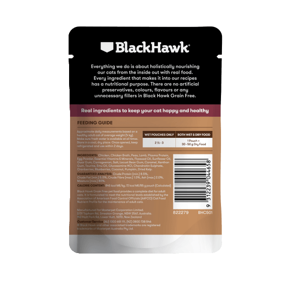 Black Hawk Grain Free Adult Chicken With Lamb In Jelly Wet Cat Food Pouches 85G - Just For Pets Australia