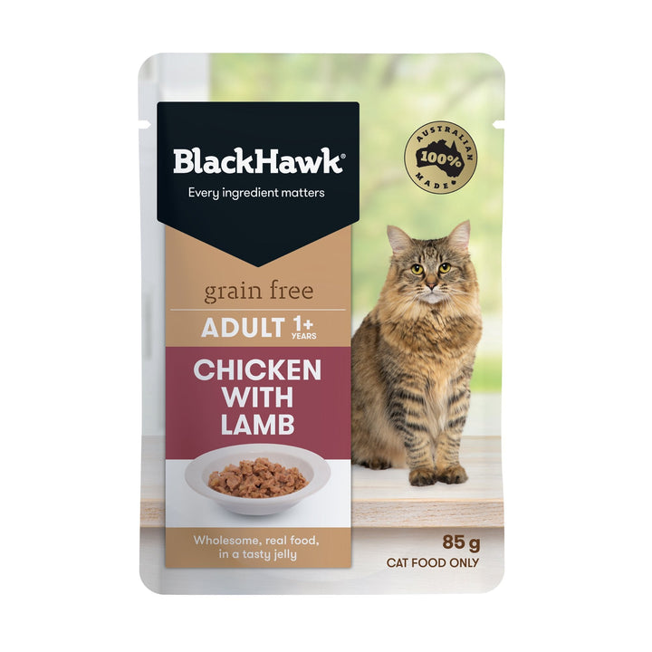 Black Hawk Grain Free Adult Chicken With Lamb In Jelly Wet Cat Food Pouches 85G - Just For Pets Australia