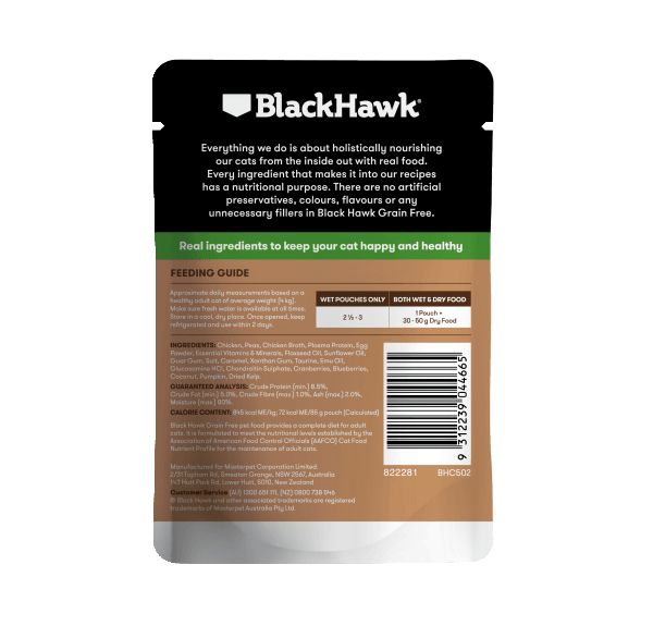 Black Hawk Grain Free Adult Chicken With Peas Broth And Gravy Wet Cat Food Pouches 85G - Just For Pets Australia
