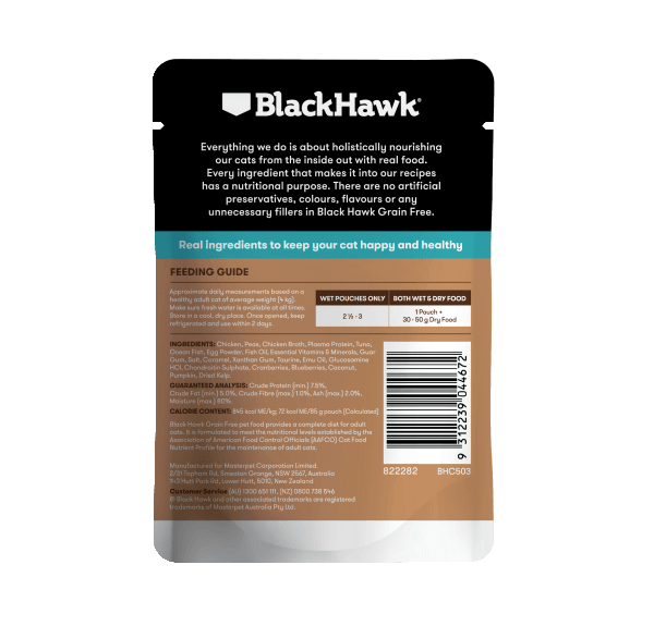 Black Hawk Grain Free Adult Chicken With Tuna Ocean Fish And Gravy Wet Cat Food Pouches 85G - Just For Pets Australia