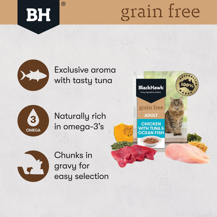 Black Hawk Grain Free Adult Chicken With Tuna Ocean Fish And Gravy Wet Cat Food Pouches 85G - Just For Pets Australia