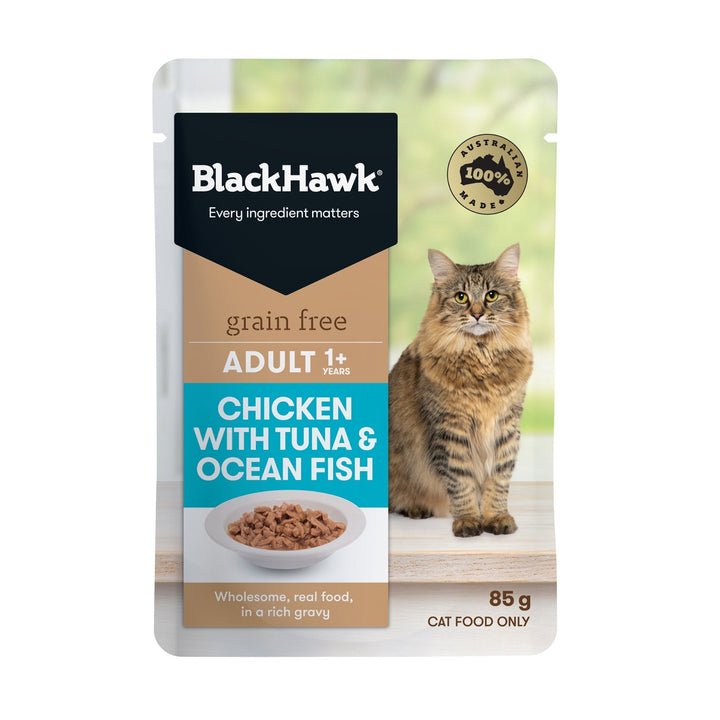 Black Hawk Grain Free Adult Chicken With Tuna Ocean Fish And Gravy Wet Cat Food Pouches 85G - Just For Pets Australia