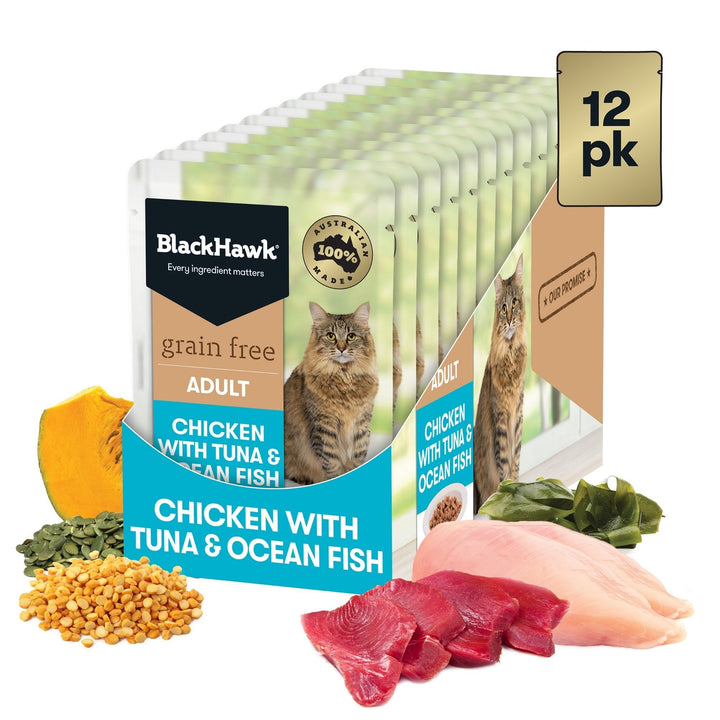 Black Hawk Grain Free Adult Chicken With Tuna Ocean Fish And Gravy Wet Cat Food Pouches 85G - Just For Pets Australia