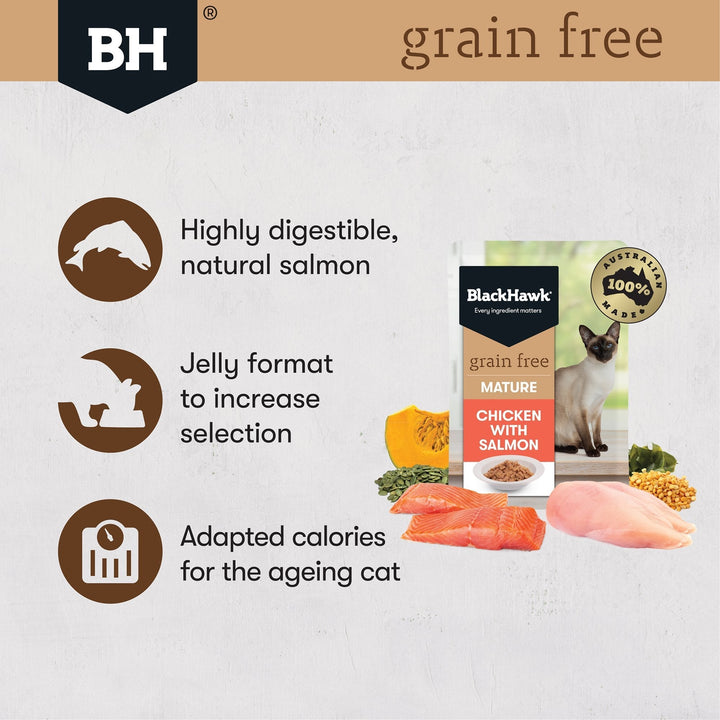 Black Hawk Grain Free Mature Chicken With Salmon In Jelly Wet Cat Food Pouches 85G - Just For Pets Australia