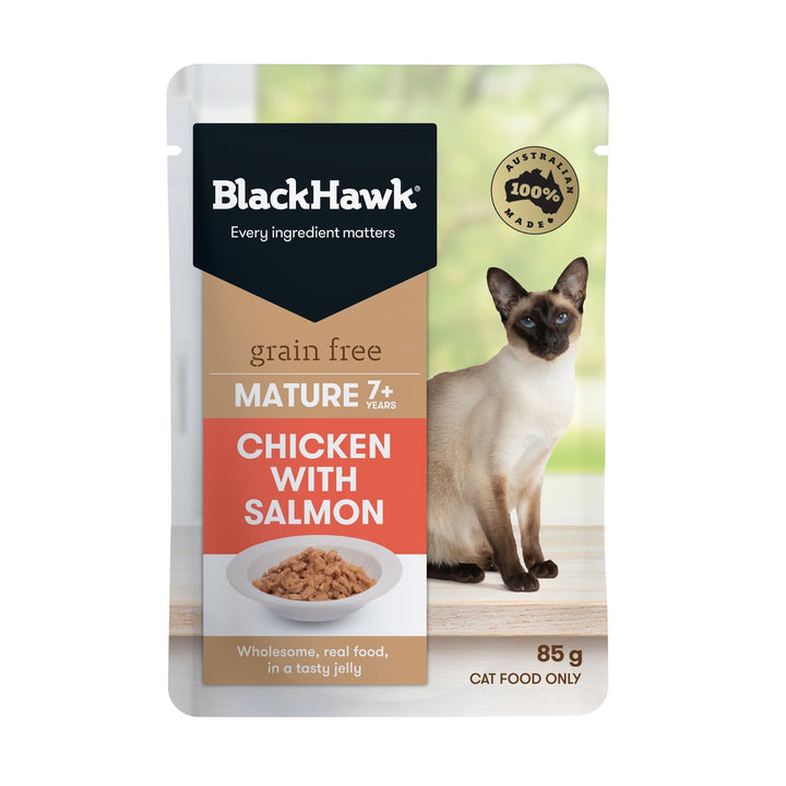 Black Hawk Grain Free Mature Chicken With Salmon In Jelly Wet Cat Food Pouches 85G - Just For Pets Australia