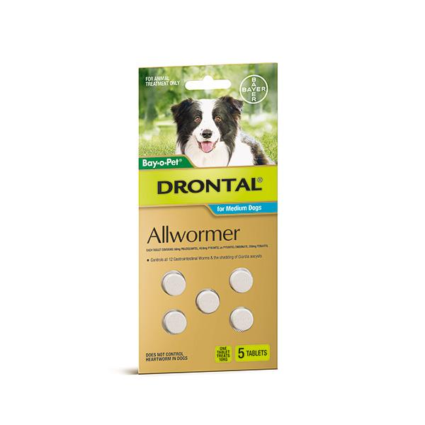 Drontal Allwormer Tablet Medium Dog up to 10kg 5 Pack - Just For Pets Australia