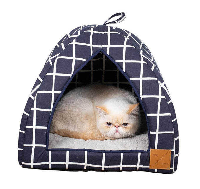 Mog & Bone Cat Igloo - Navy Check Print - Just For Pets Australia