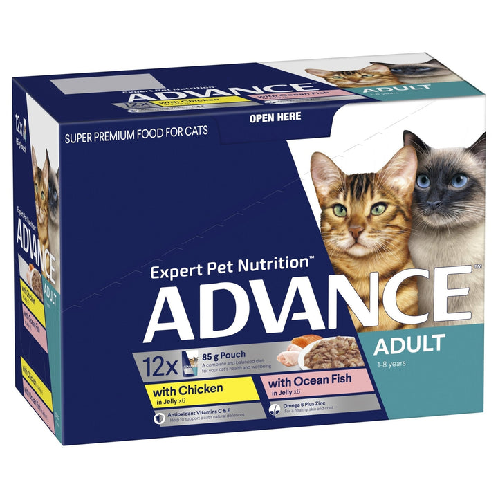 ADVANCE Adult Wet Cat Food Chicken, Ocean Fish In Jelly 12x85g Pouches - Just For Pets Australia