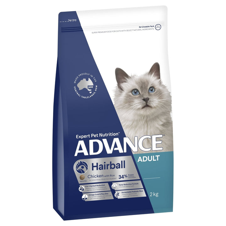 ADVANCE Hairball Adult Dry Cat Food Chicken with Rice 2kg Bag - Just For Pets Australia