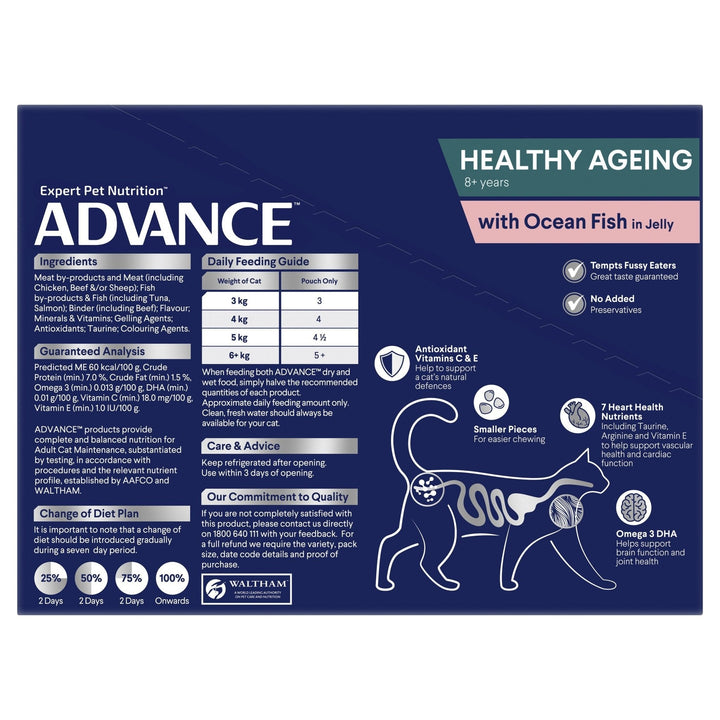 ADVANCE Healthy Ageing Wet Cat Food Ocean Fish In Jelly 12x85g Pouches - Just For Pets Australia