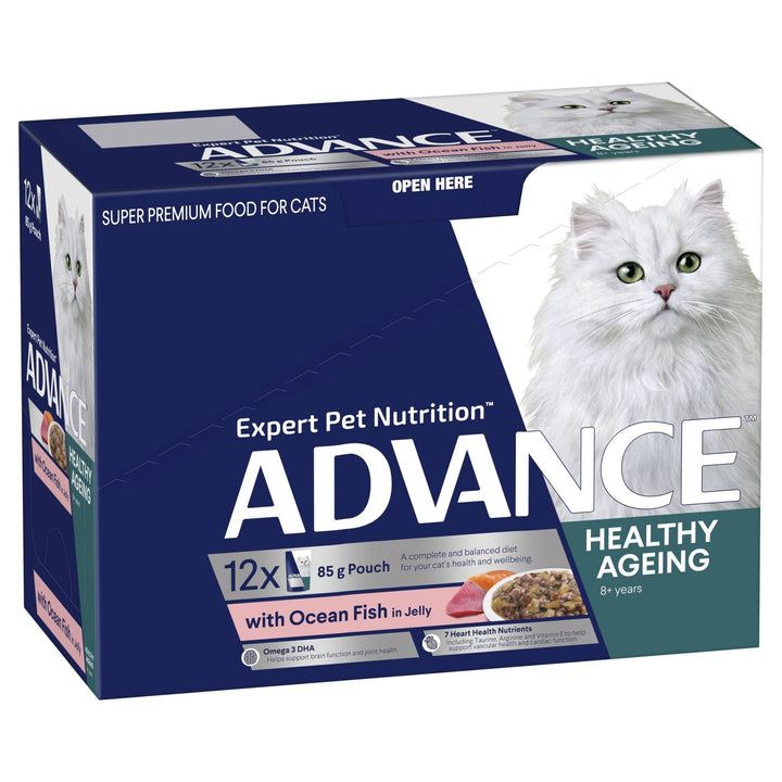ADVANCE Healthy Ageing Wet Cat Food Ocean Fish In Jelly 12x85g Pouches - Just For Pets Australia