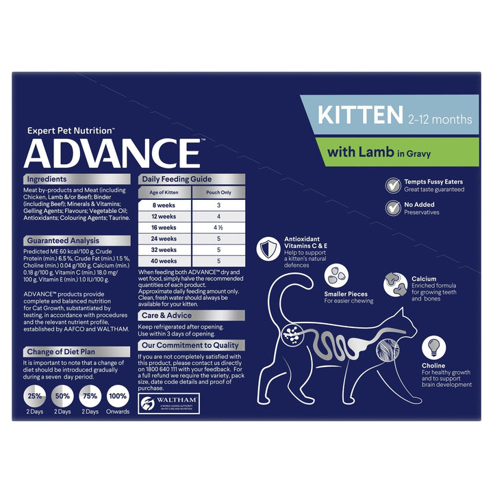 ADVANCE Kitten Wet Cat Food Lamb In Gravy 12x85g Pouches - Just For Pets Australia
