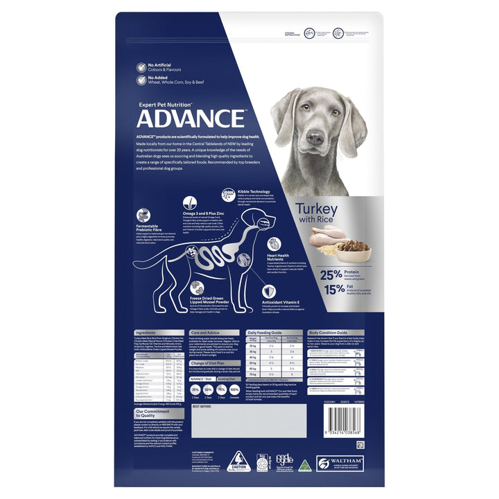 ADVANCE Large Adult Dry Dog Food Turkey with Rice 15kg Bag - Just For Pets Australia
