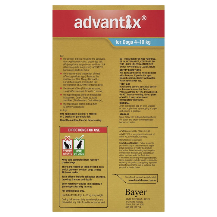 Advantix Fleas & Ticks For Dogs 4 - 10kg - Just For Pets Australia