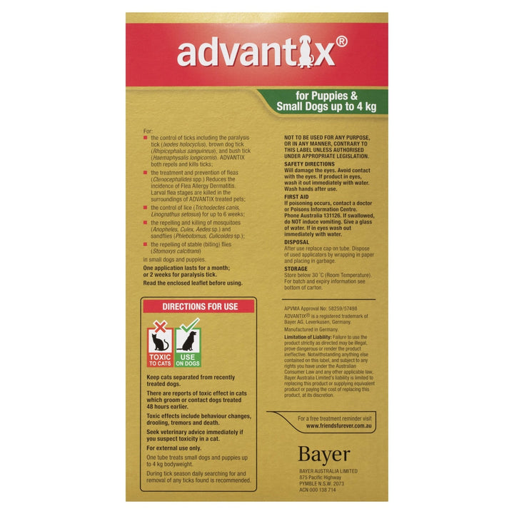Advantix Fleas & Ticks For Puppies & Small Dogs Up To 4kg - Just For Pets Australia