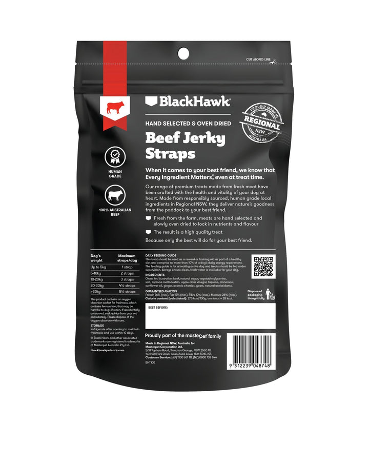 Black Hawk Beef Jerky Straps 100g - Just For Pets Australia