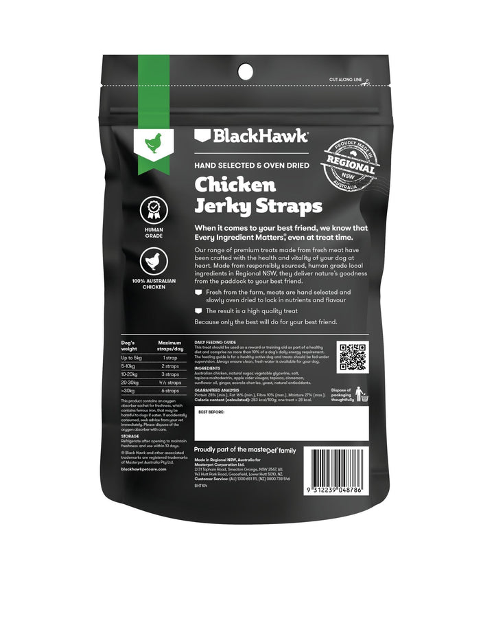 Black Hawk Chicken Jerky Straps 100g - Just For Pets Australia
