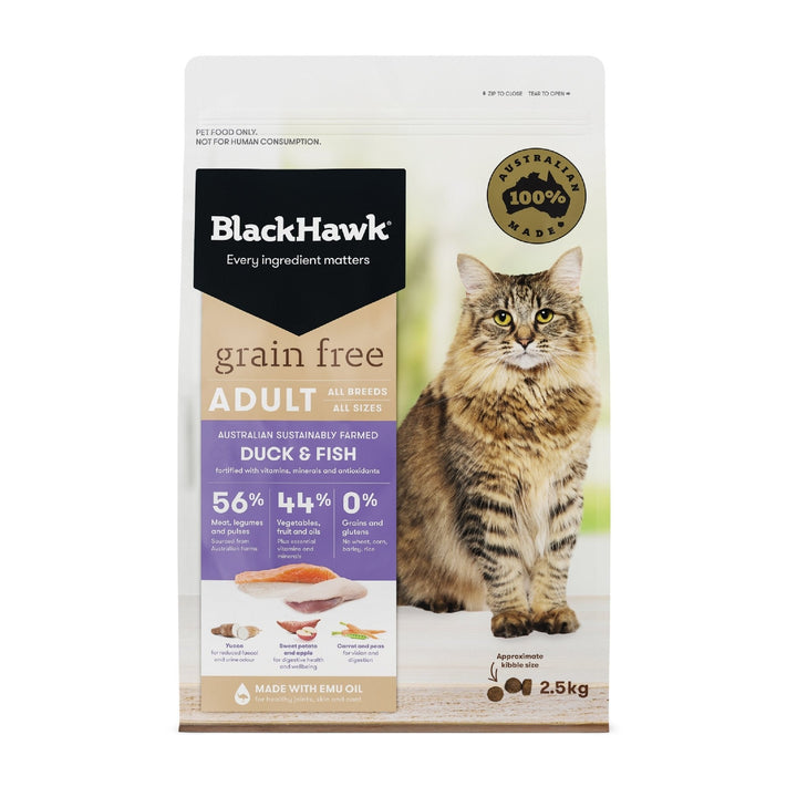 Black Hawk Grain Free Adult Cat Duck & Fish Dry Food - Just For Pets Australia
