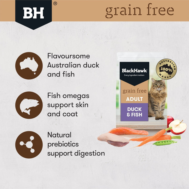 Black Hawk Grain Free Adult Cat Duck & Fish Dry Food - Just For Pets Australia