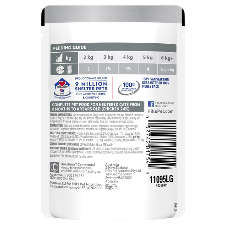 Hill's Science Diet Young Adult Neutered Cat Chicken Cat Food Pouches 85g - Just For Pets Australia