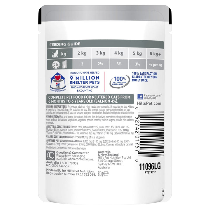 Hill's Science Diet Young Adult Neutered Cat Salmon Cat Food Pouches 85g - Just For Pets Australia