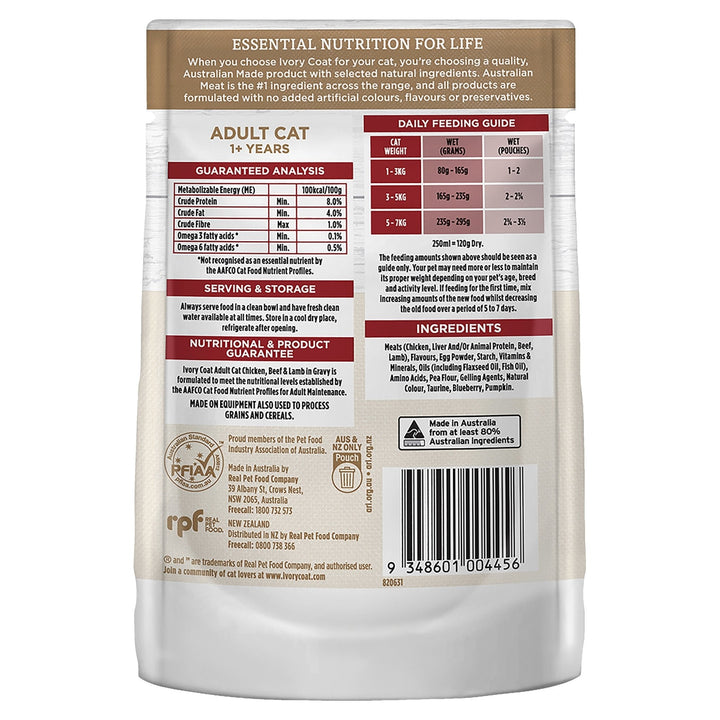 Ivory Coat Grain Free Beef & Lamb in Gravy Wet Cat Food, 12x85g - Just For Pets Australia