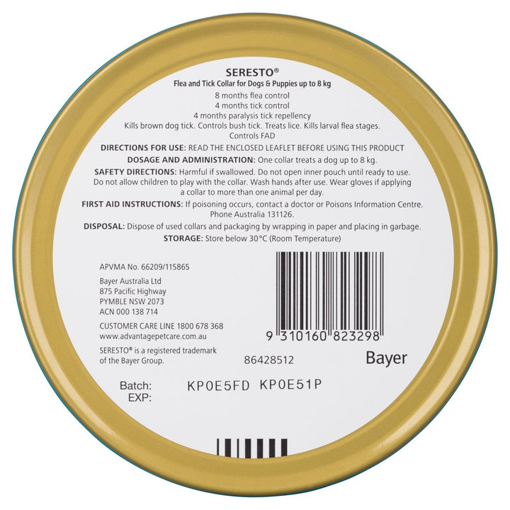 Seresto Flea & Tick Collar For Dogs And Puppies Up To 8kg - Just For Pets Australia